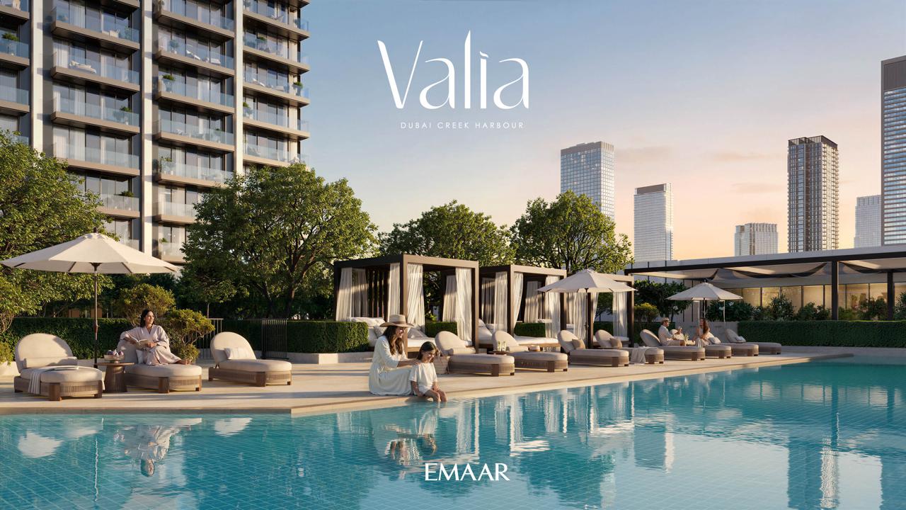 Resort-style pool deck at Valia