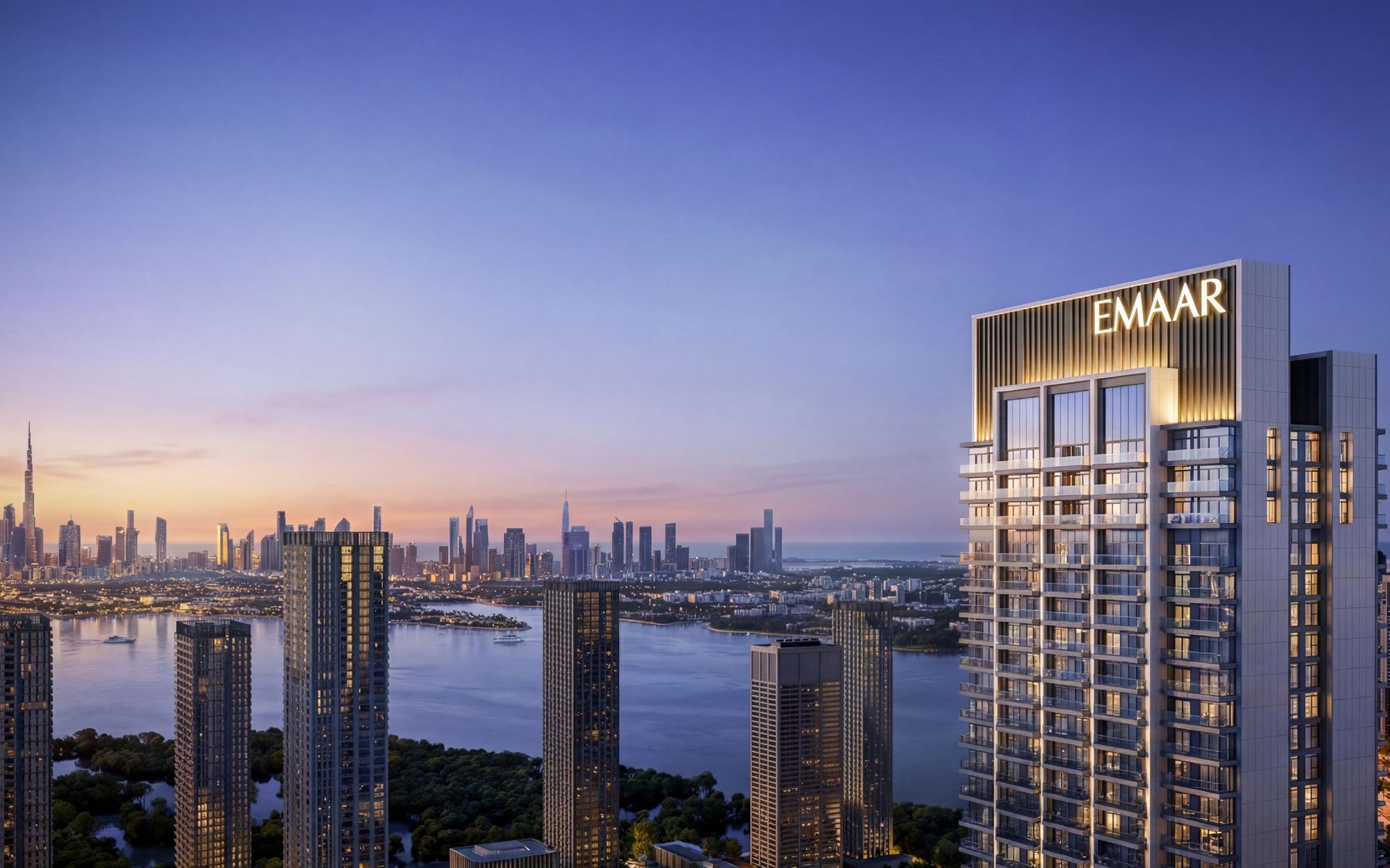 Valia tower at dusk overlooking Dubai Creek and the Downtown skyline