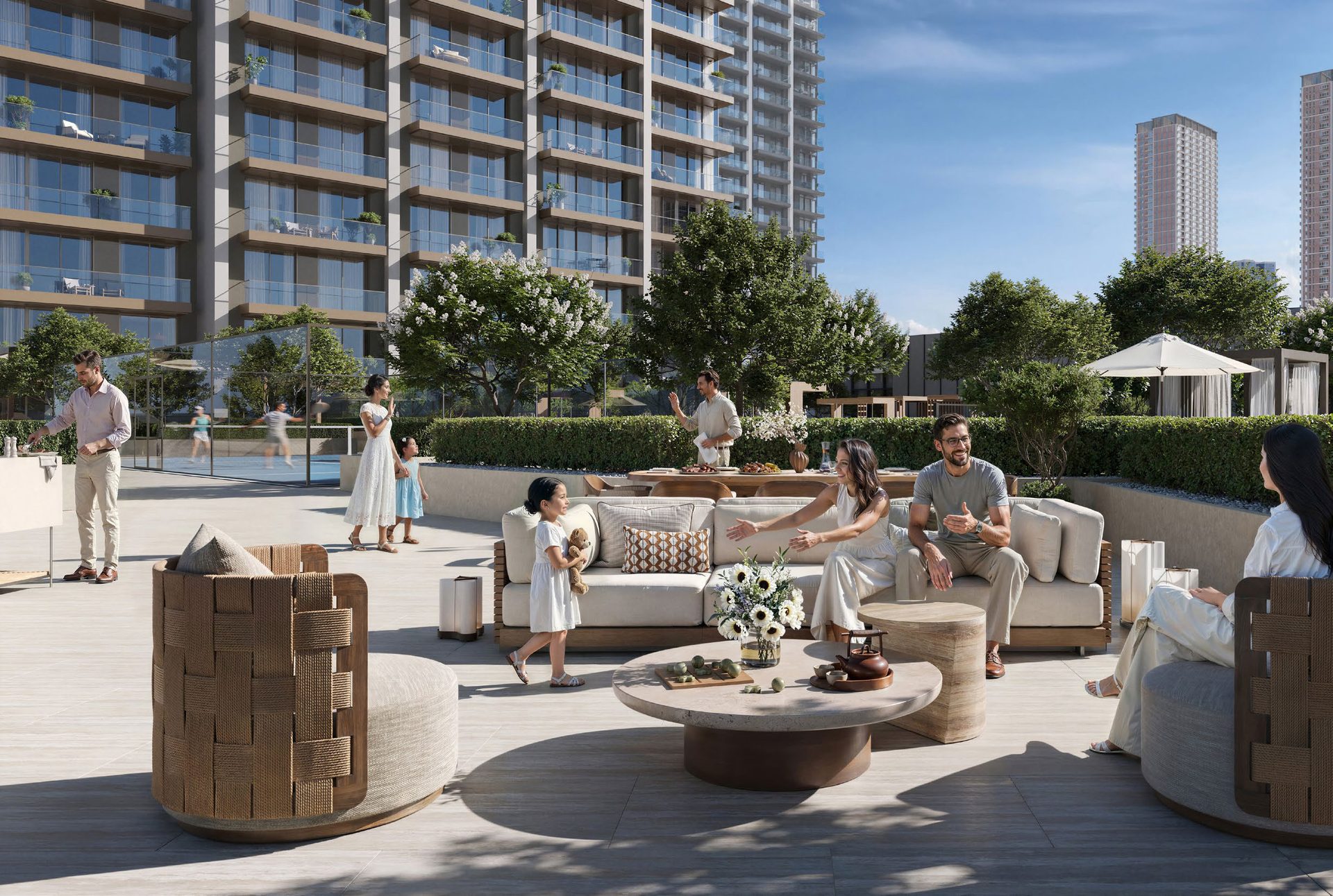 Podium terrace with lounge seating and BBQ area