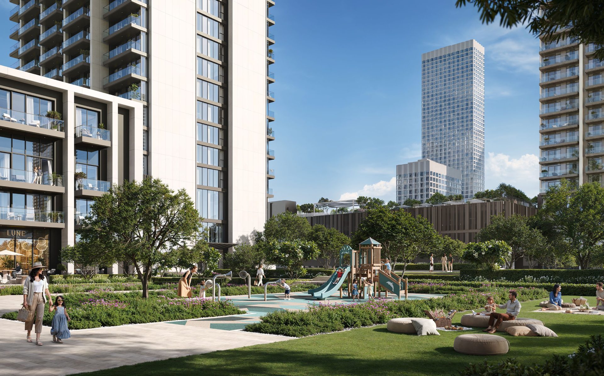Landscaped podium park with children's play areas