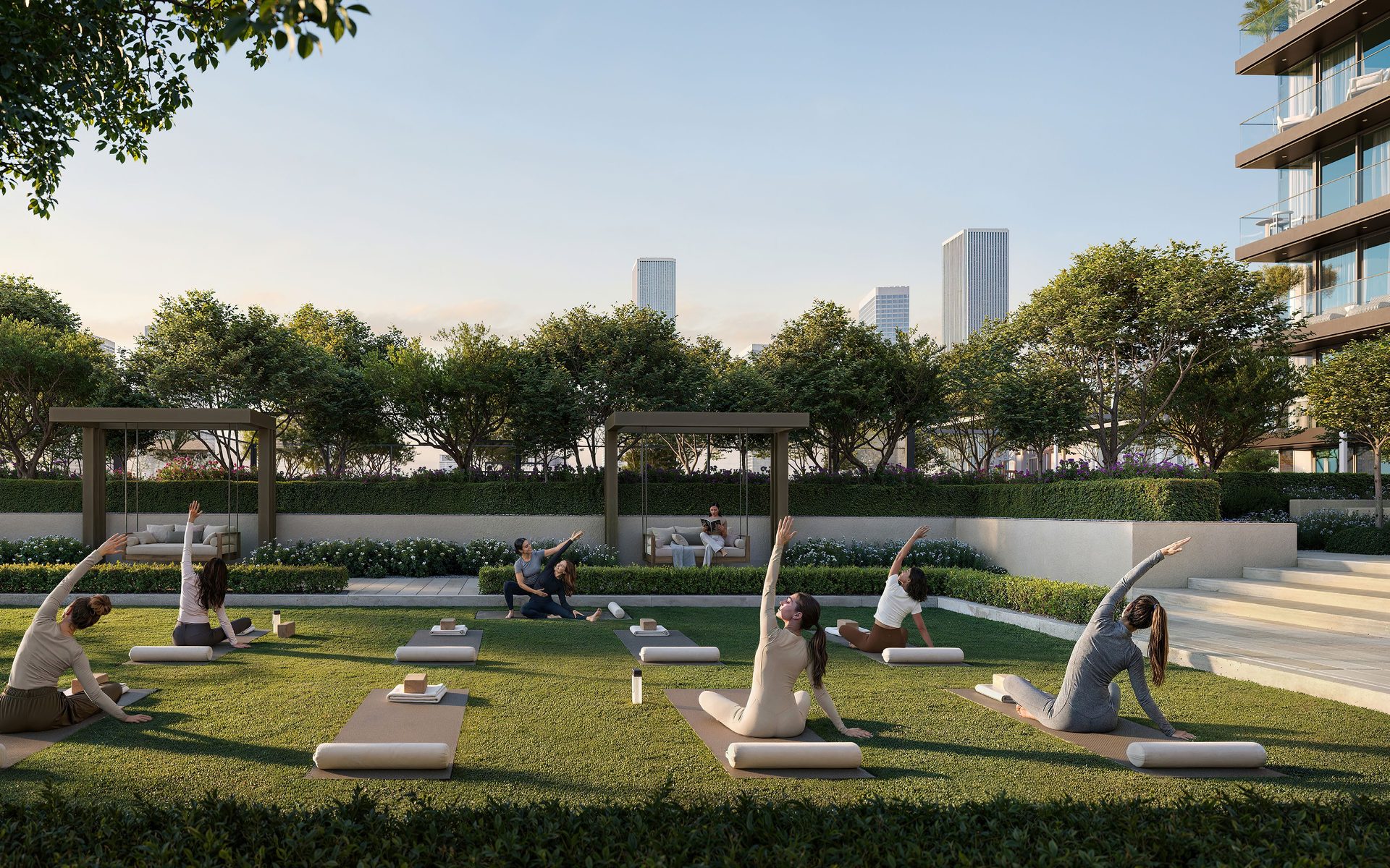 Outdoor yoga deck surrounded by landscaped gardens