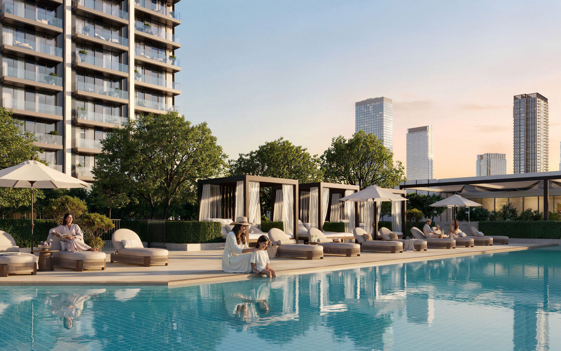 Temperature-controlled swimming pool with private cabanas