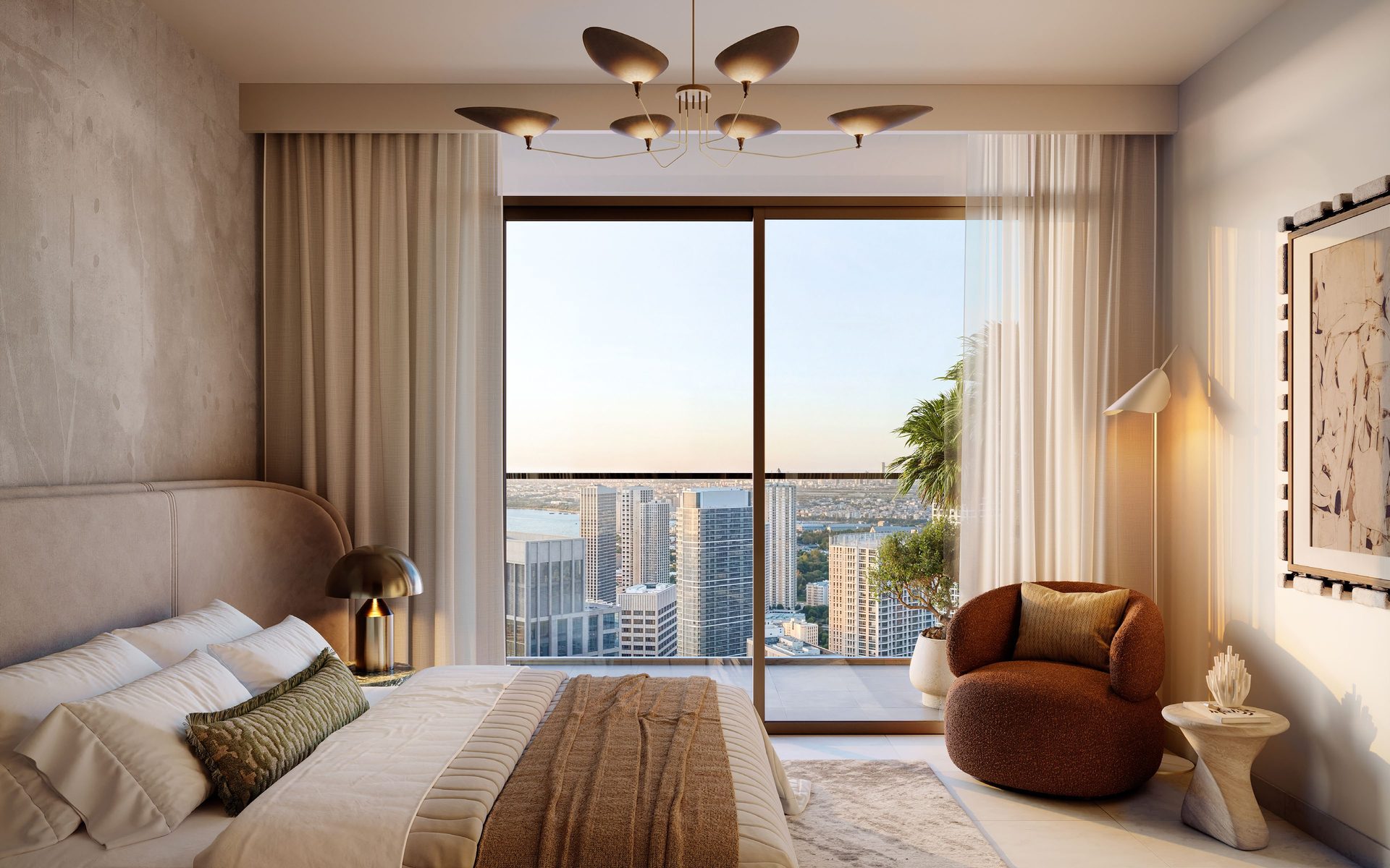 Bedroom with floor-to-ceiling skyline views